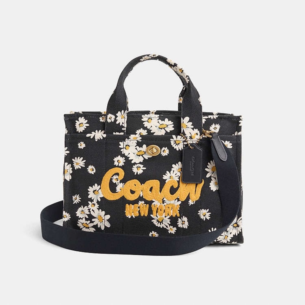 Coach Black Daisy Embroidered Canvas Tote with Yellow Logo